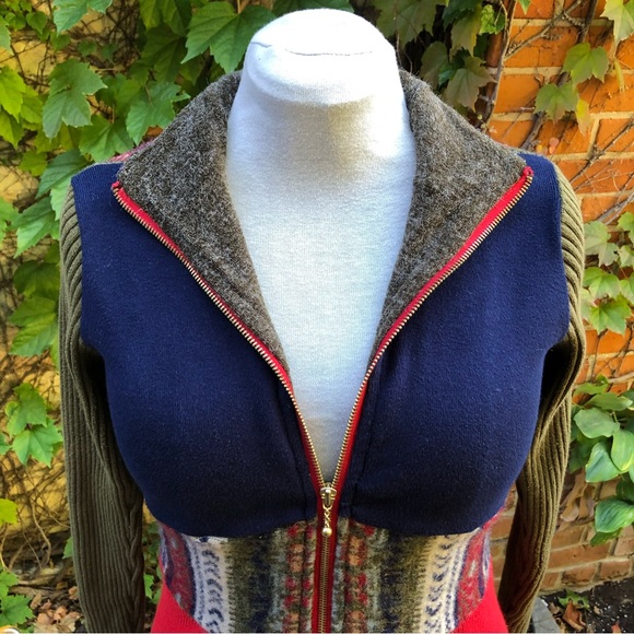 Zip Up Sweater Wool Cotton Upcycled Patchwork Medium Embody Blue Red Green - Picture 4 of 7